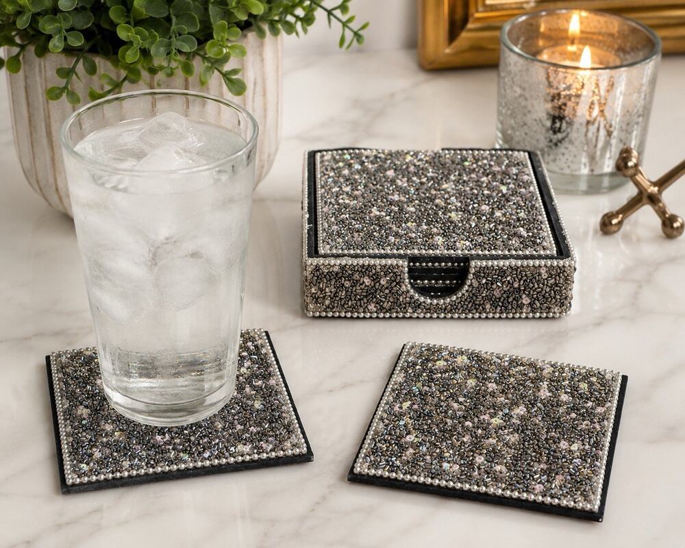 Handmade Beaded Coaster Set of 4 w/ Matching Holder Silver Black Sparkle Decor
